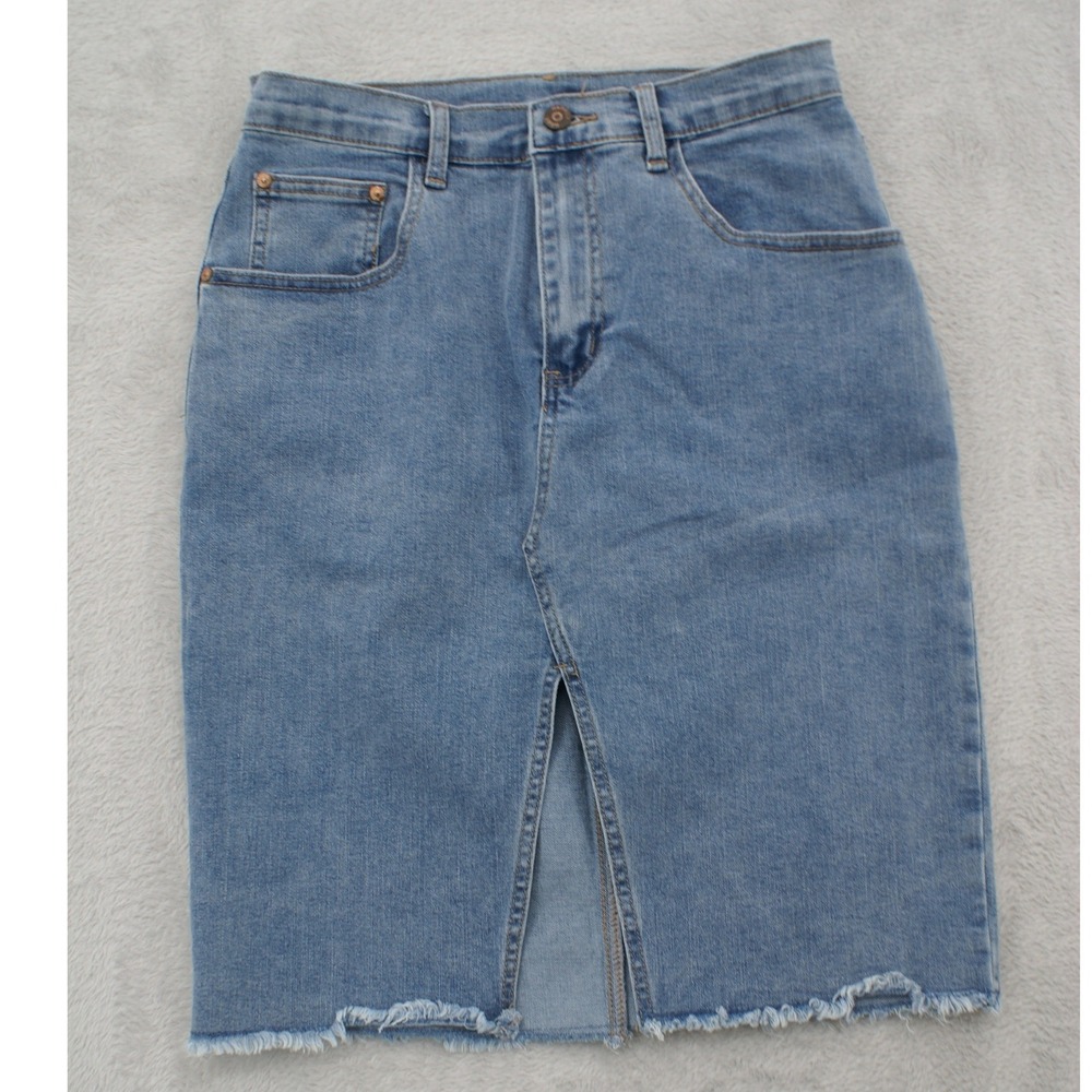 Happily Grey Denim Midi Skirt Medium Wash Frayed Raw Hem Front Slit Size 7/27